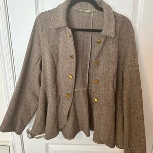 SHEIN Peplum Hem Brown Herringbone Blazer with Gold Buttons XL - new